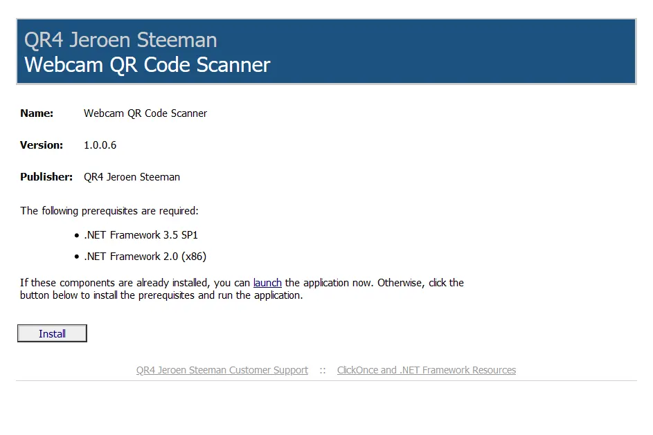 Webcam QR Code Scanner Install Page